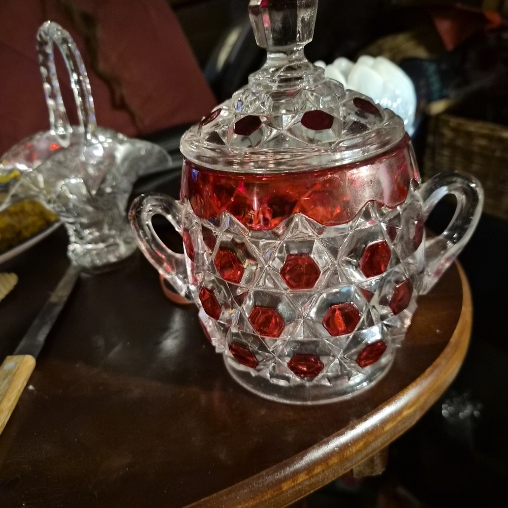 Vintage Crystal Candy Jar with Red Accents Antique EAPG BRYCE BROTHE